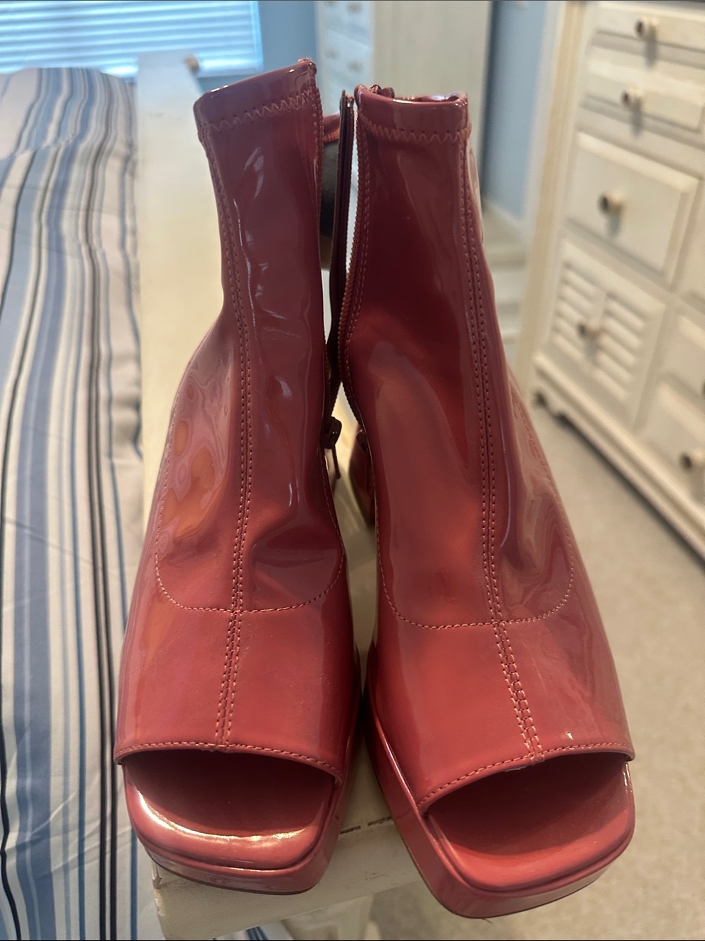 Katy Perry Collections Patent Open-Toe Block Heel Booties in Red - Picture 2 of 4